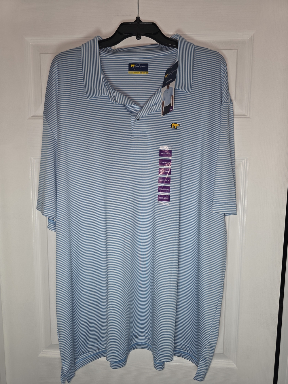Men's Light Blue Striped Polo with Embroidered Logo - Performance Knit Size XXXL